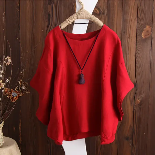 Cotton And Linen Pile Sleeves Drop Shoulder Plus Size T shirt Red - Shop at LoveMi