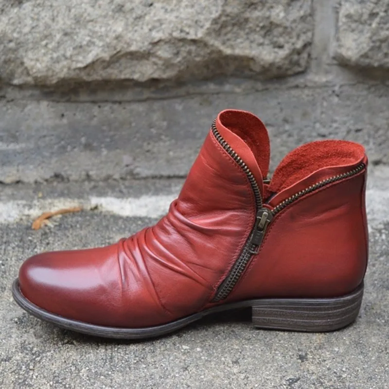 Round Toe Chunky Heel Double Zipper Ankle Boots - Red