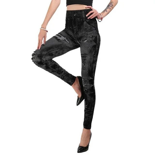 Women's Seamless Fake Ripped Corset Imitation Denim Leggings Black - Shop at LoveMi