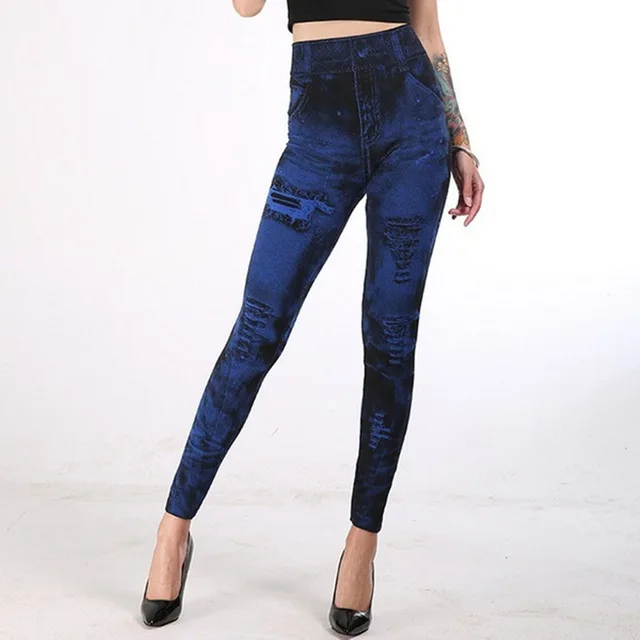 Women's Seamless Fake Ripped Corset Imitation Denim Leggings Blue - Shop at LoveMi
