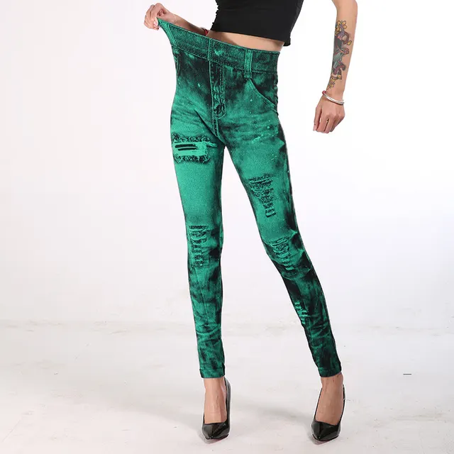 Women's Seamless Fake Ripped Corset Imitation Denim Leggings Light Green - Shop at LoveMi