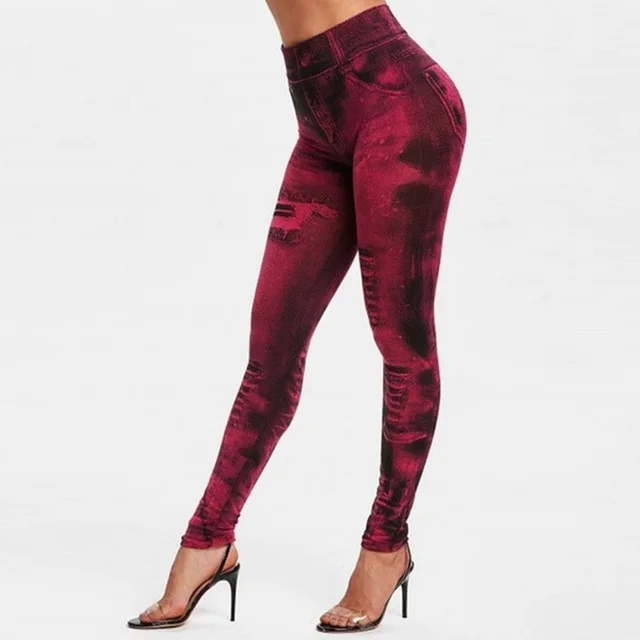 Women's Seamless Fake Ripped Corset Imitation Denim Leggings Red - Shop at LoveMi