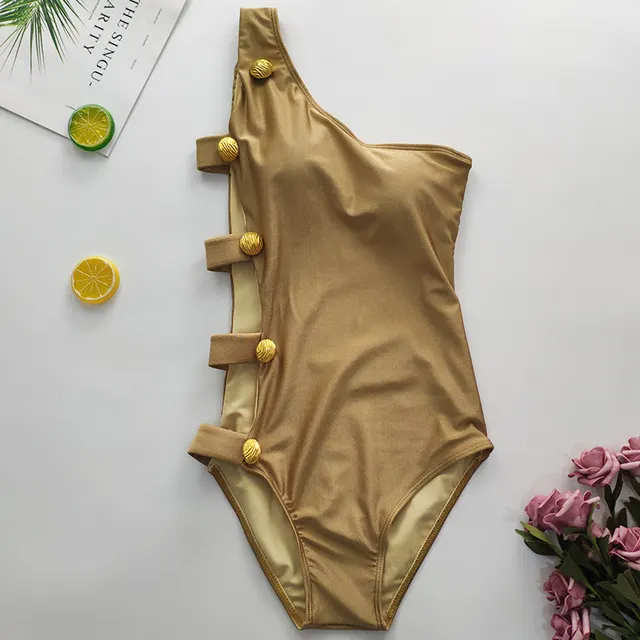One Shoulder Right Side Button One Piece Bikini Gold - Shop at LoveMi