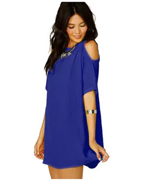 Off-the-shoulder Short-sleeved Chiffon Dress - Royal Blue