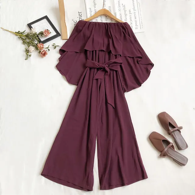 Fashion Temperament Irregular Waistband Ruffled Tube Top Wide leg Pants Jumpsuit Wine Red - Shop at LoveMi