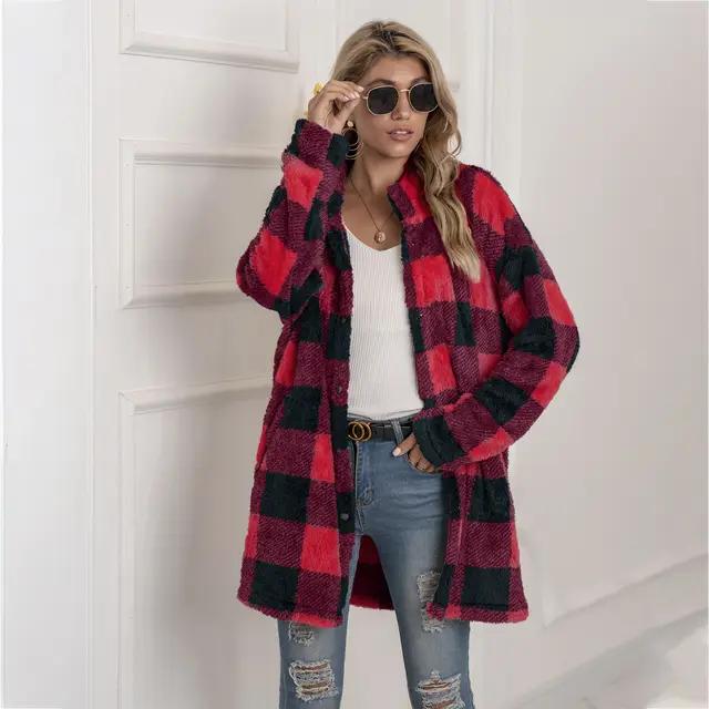 Autumn And Winter Long Sleeved Button Lapel Casual Warm Plaid Long Woolen Coat Maroon - Shop at LoveMi