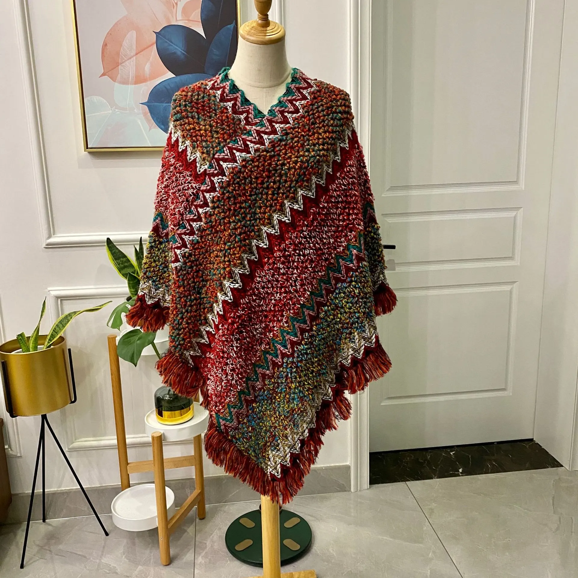 Ethnic Style Cape Shawl Knitted Pullover Mohair Fringed Scarf Jacket Women - Maroon