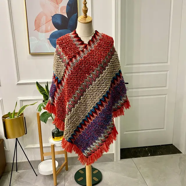 Ethnic Style Cape Shawl Knitted Pullover Mohair Fringed Scarf Jacket Women Red - Shop at LoveMi