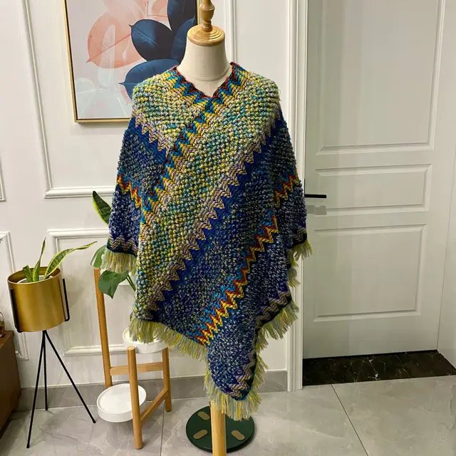 Ethnic Style Cape Shawl Knitted Pullover Mohair Fringed Scarf Jacket Women Royal Blue - Shop at LoveMi