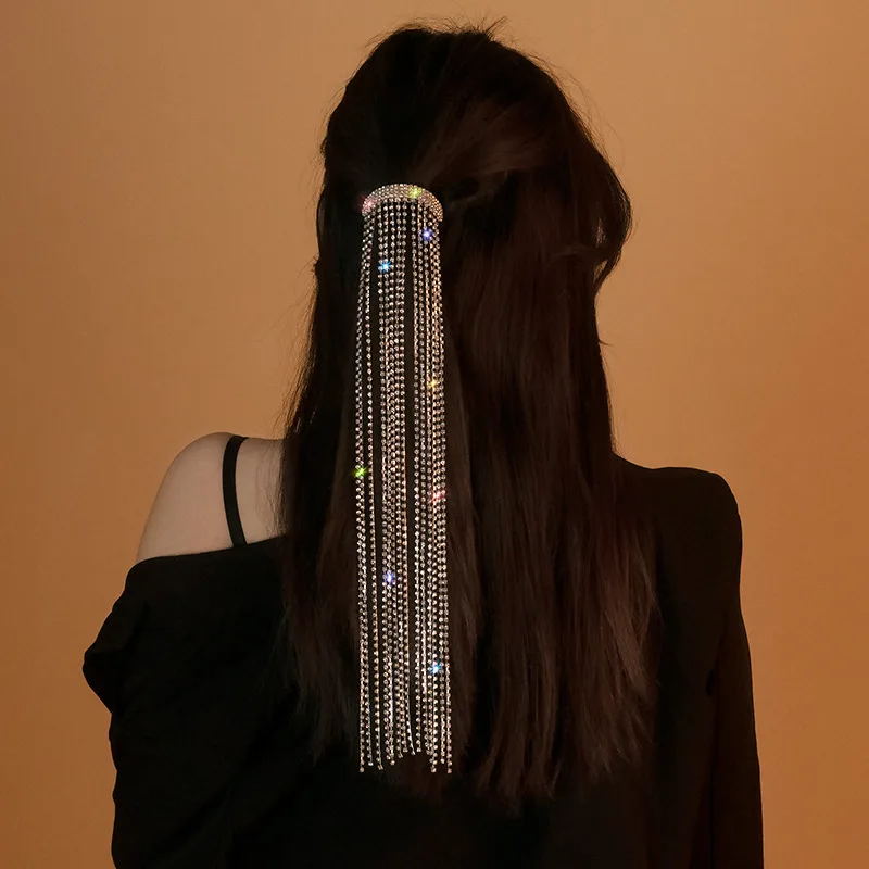 Shine Full Rhinestone Hairpins for Women Bijoux Long Tassel Crystal Hair Accessories Wedding Banquet Jewelry Golden - Shop at LoveMi