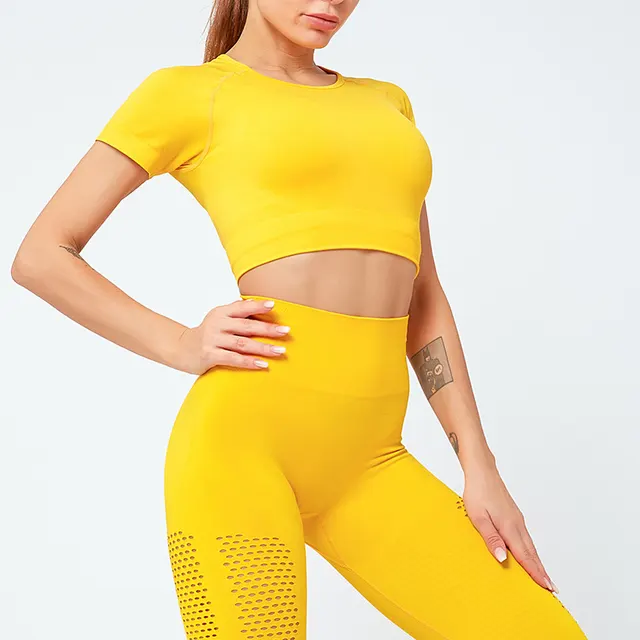 European And American Ins Tight Fitting Navel Fitness Clothing Women'S Short Sleeved Breathable Stretch Sportswear Tops Yoga Exercise Running T Shi... Yellow - Shop at LoveMi