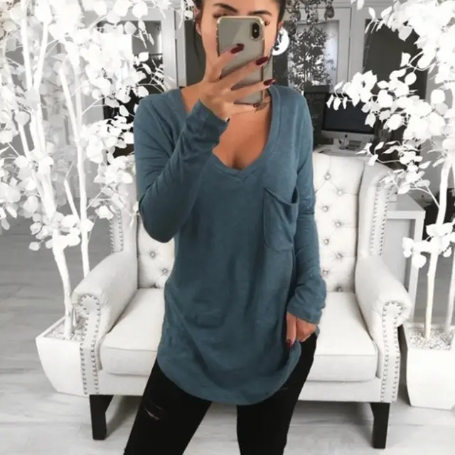 Women's Loose Casual Cross border Long sleeved T shirt Blue - Shop at LoveMi