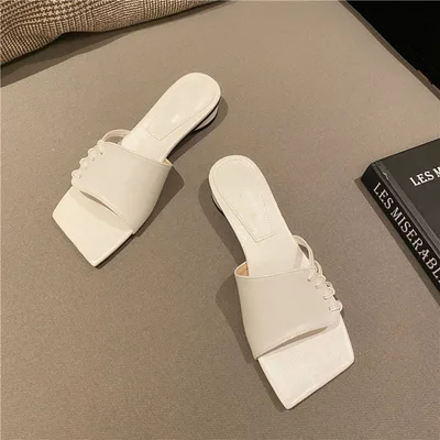 Outer Wear Woven Hollow Square Toe Open toe Thick Heel Slippers White - Shop at LoveMi