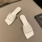 Outer Wear Woven Hollow Square Toe Open-toe Thick Heel Slippers - White