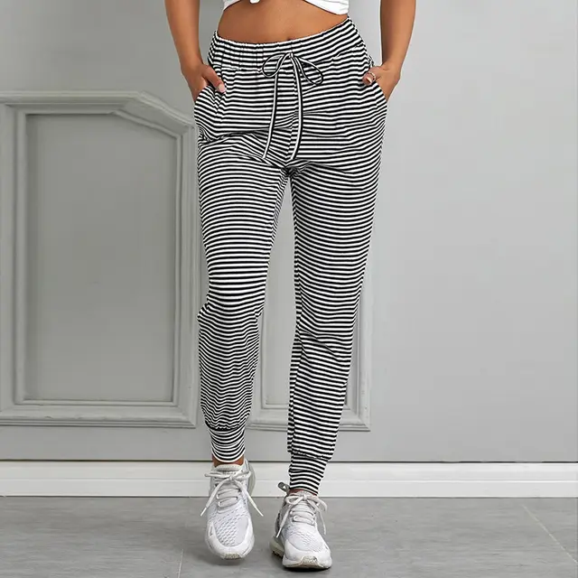 Black And White Striped Stitching Women's High Waisted Straight Leg Casual Pants Black - Shop at LoveMi