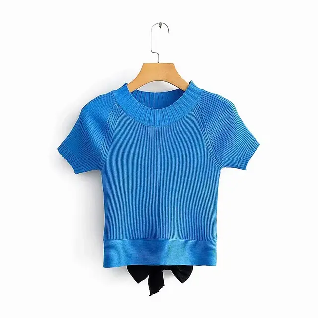 Women'S New Products European And American Lace Design Round Neck Slim Short Sleeve Knitted T Shirt Top Blue - Shop at LoveMi