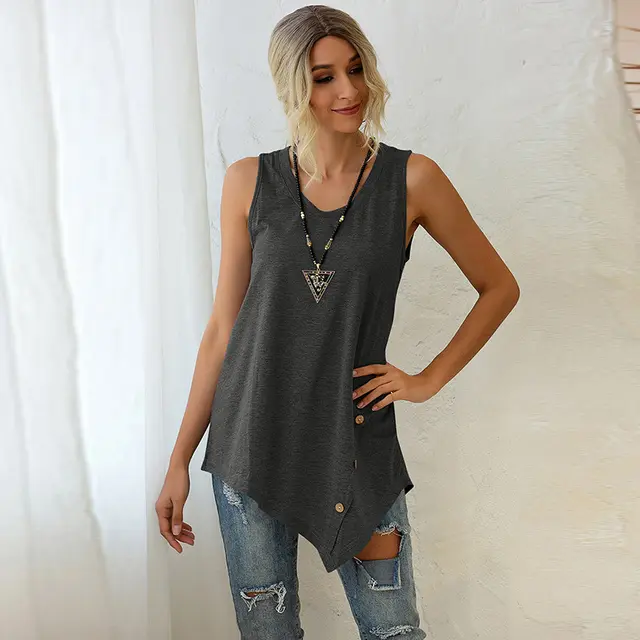Sleeveless Top Irregular Button U Neck Vest Black - Shop at LoveMi