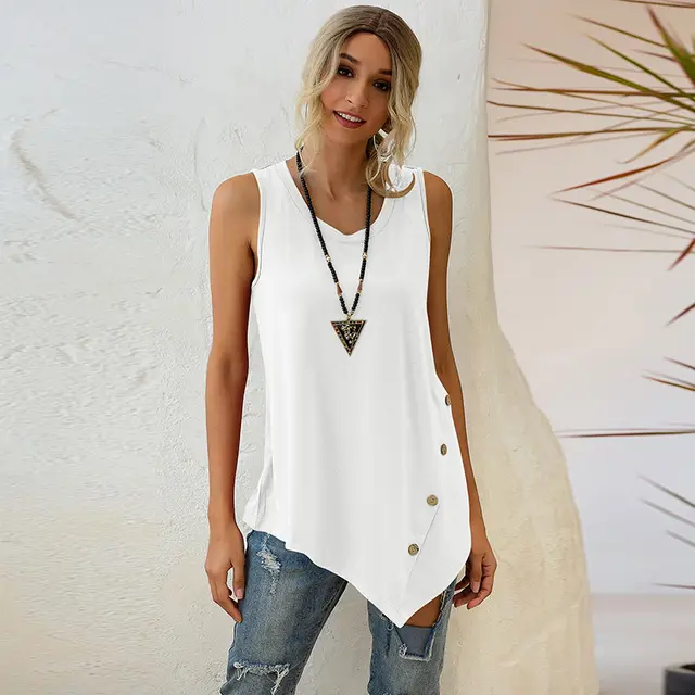 Sleeveless Top Irregular Button U Neck Vest White - Shop at LoveMi