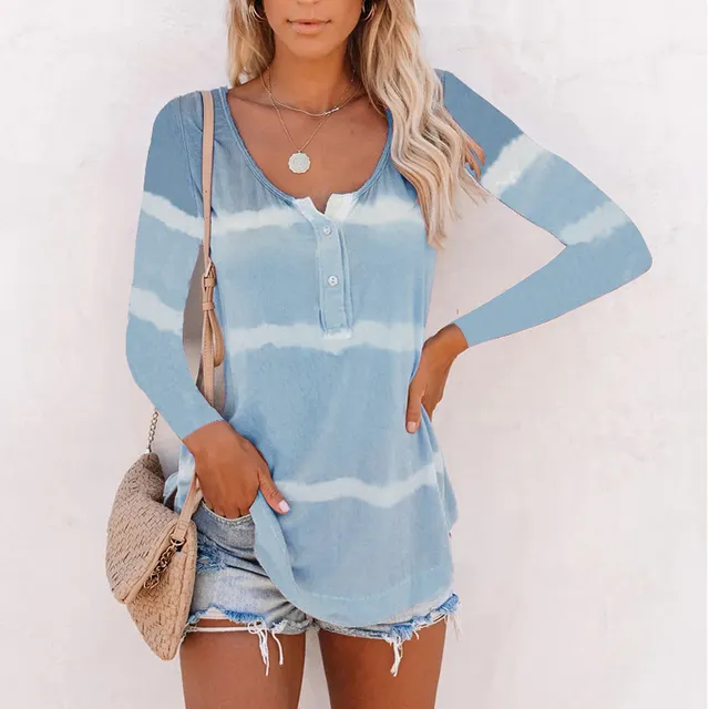 Tie dye Printed Button Long sleeved T shirt Women Blue - Shop at LoveMi