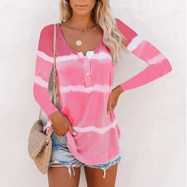 Tie dye Printed Button Long sleeved T shirt Women Pink - Shop at LoveMi
