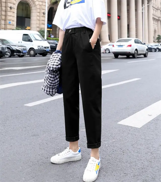 Daddy Pants Women's Loose Straight Nine Points Casual Student Granny Carrot High Waist Harem Pants Black - Shop at LoveMi