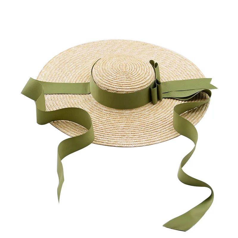 15CM Oversized Eaves Straw Hat Women's Beach Sunscreen Natural Straw Flat Top Strap Hat Green - Shop at LoveMi