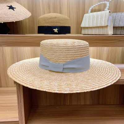 Axin Hat Ornaments Gray Tie Knot Flat Top Thin Straw Wide Brim Top Hat Flat Top Hat Straw Hat Light Blue - Shop at LoveMi