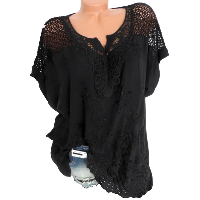 European And American Fashion Womens Lace V Neck Embroidered Short Sleeved Bat Shirt Black - Shop at LoveMi