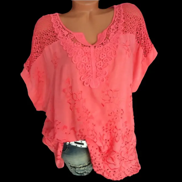 European And American Fashion Womens Lace V Neck Embroidered Short Sleeved Bat Shirt Red - Shop at LoveMi