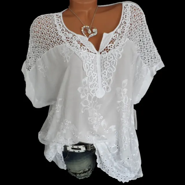 European And American Fashion Womens Lace V Neck Embroidered Short Sleeved Bat Shirt White - Shop at LoveMi