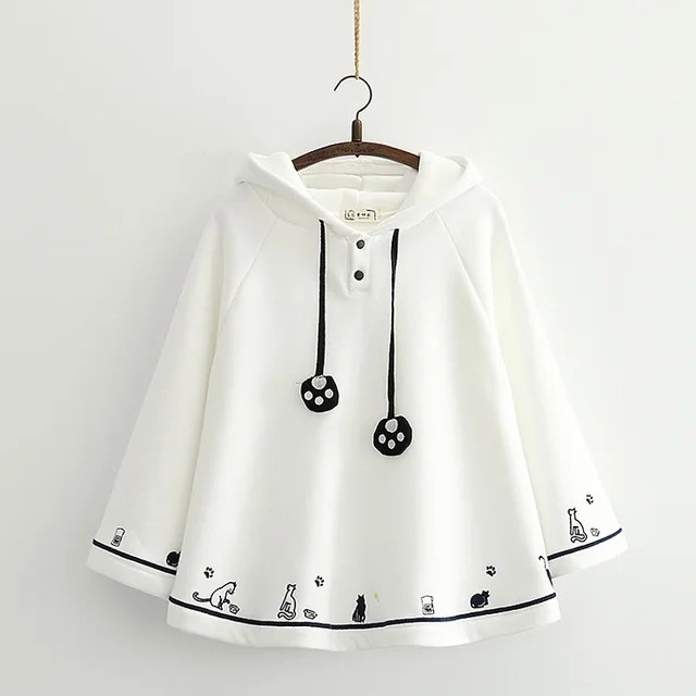Cape Coat Sweet And Cute Soft Girl Style Girl Heart Cat Embroidery Autumn And Winter Plus Velvet Bat Sleeve Top White - Shop at LoveMi