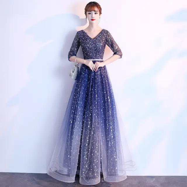 Starry Sky Evening Dress Female Summer New Temperament Long Model Host Banquet Anniversary Chorus Performance Dress Blue - Shop at LoveMi