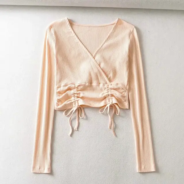 Autumn Lace Ultra Short Solid Color V neck Umbilical Cord Drawstring Long T Flamingo Costume Khaki - Shop at LoveMi