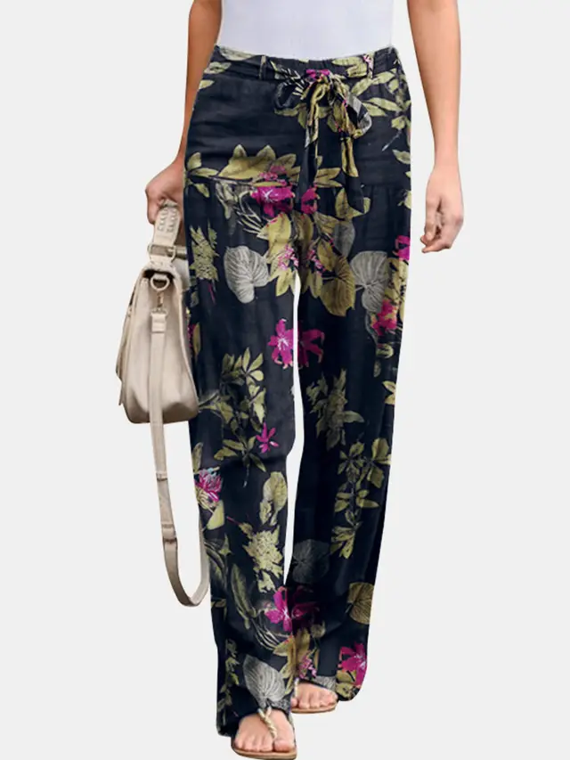 Printed Cotton And Linen Casual And Comfortable Elastic Waist Women's Trousers Dark Blue - Shop at LoveMi