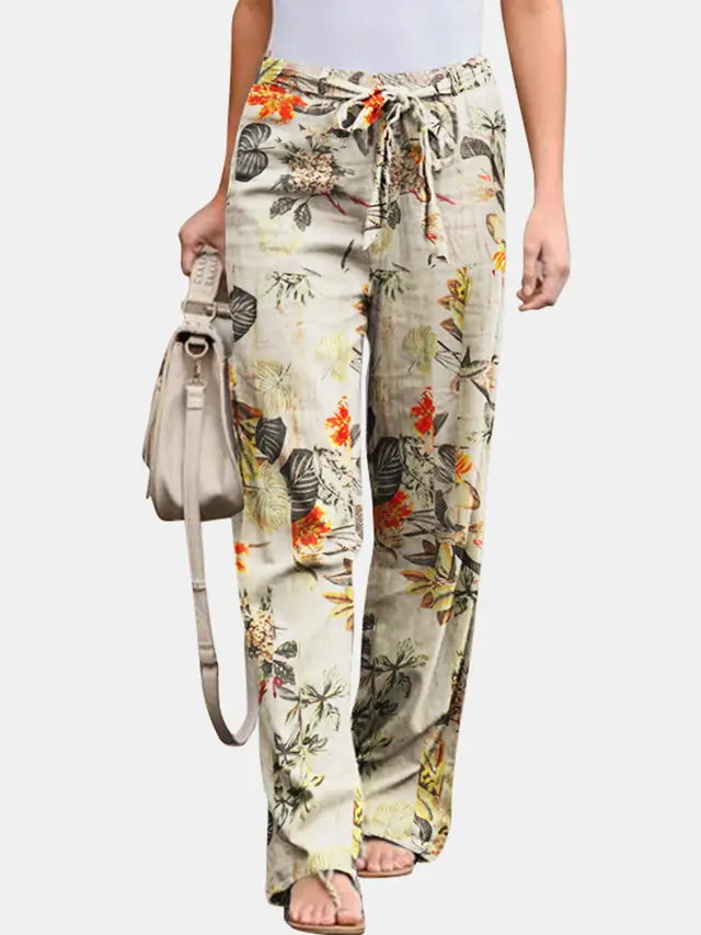 Printed Cotton And Linen Casual And Comfortable Elastic Waist Women's Trousers Orange - Shop at LoveMi