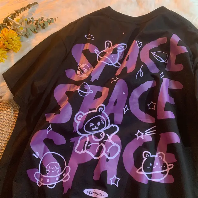 Letter Print Short sleeved T shirt Korean Style Loose Bf Style Black - Shop at LoveMi