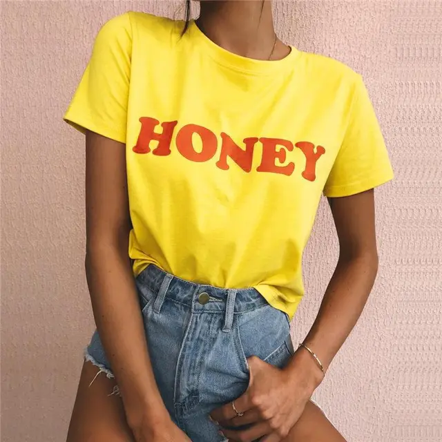 Hot Style European And American Fashion Casual Letters Honey Printed Short Sleeved T Shirt Yellow - Shop at LoveMi