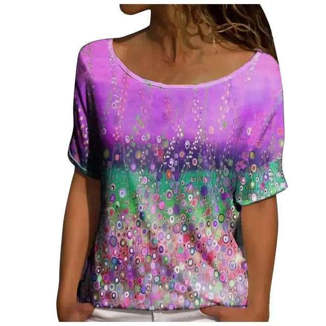 Multicolor Round Neck Geometric Print Loose Short Sleeved T Shirt Purple - Shop at LoveMi
