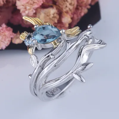 Bird Gold Two Tone Pear Shaped Ring With Diamonds Vintage Style Ring Silver - Shop at LoveMi