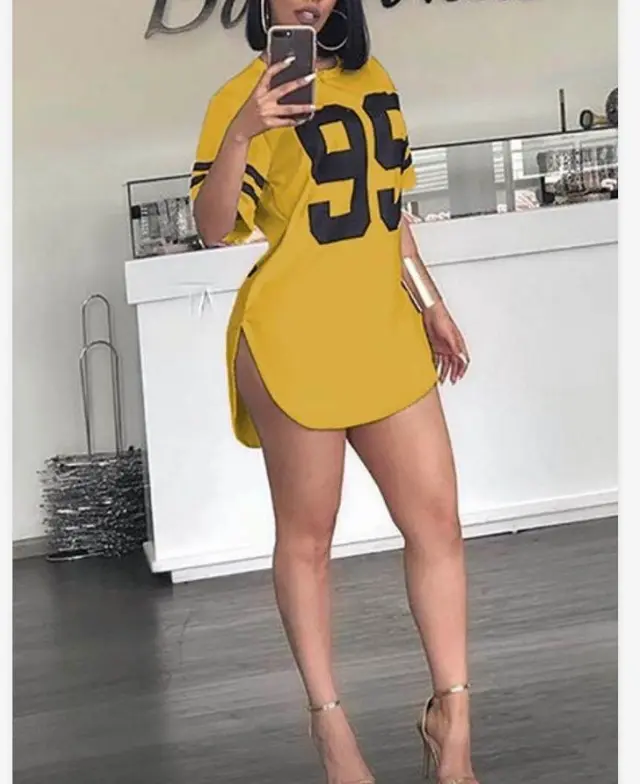 Explosive Round Neck Digital Printing Split Short Sleeve T Shirt Women Yellow - Shop at LoveMi