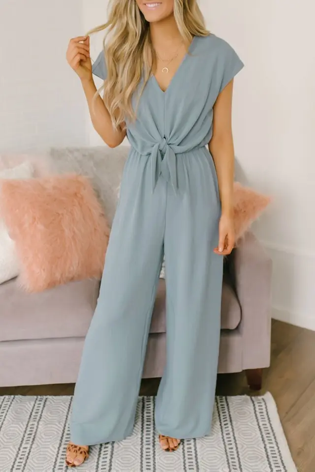 High Waist Halter Lace up Women's Jumpsuit Light Blue - Shop at LoveMi