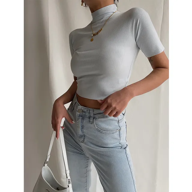 Semi High Collar Sexy Slim Figure High Waist Short Sleeved T Shirt With Waist Top And Summer Thin Section Light Blue - Shop at LoveMi