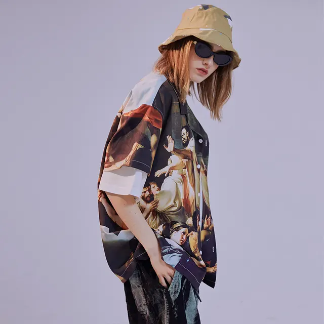 European And American Retro Character Printed Half Sleeved Shirt Men'S Summer Tide Brand Half Sleeved Shirt Women'S Trend Loose Couples - Shop at LoveMi