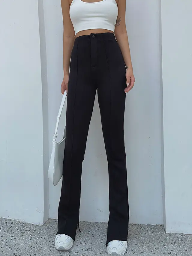 Self Made High Quality Elastic Black High Waist Pants Leg Split Casual Pants For Women Black - Shop at LoveMi