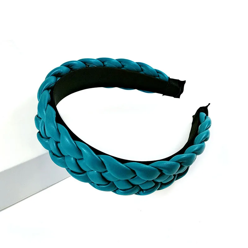 New Net Red Leather Braided Headband Candy-Colored Braid Hairpin Pressed Hair Pu Headband For Women - Dark Blue