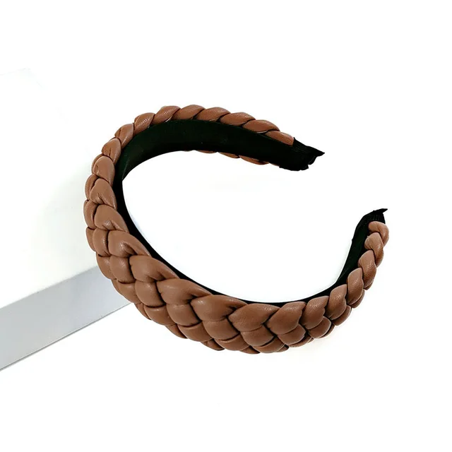 New Net Red Leather Braided Headband Candy Colored Braid Hairpin Pressed Hair Pu Headband For Women Dark Brown - Shop at LoveMi