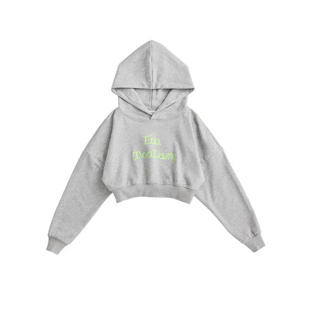 Sports Slim Letter Print Hooded Short Ladies Sweatshirt Grey - Shop at LoveMi