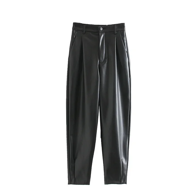 Pure Color PU Leather Pants Women Casual Trousers Black - Shop at LoveMi