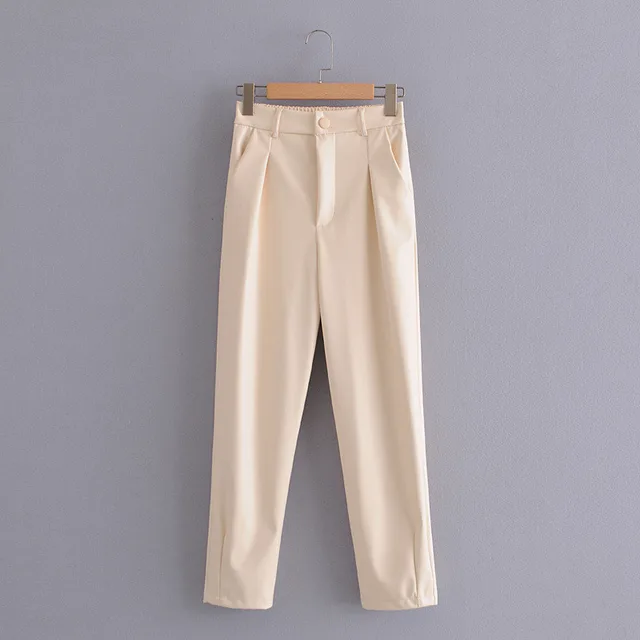 Pure Color PU Leather Pants Women Casual Trousers White - Shop at LoveMi