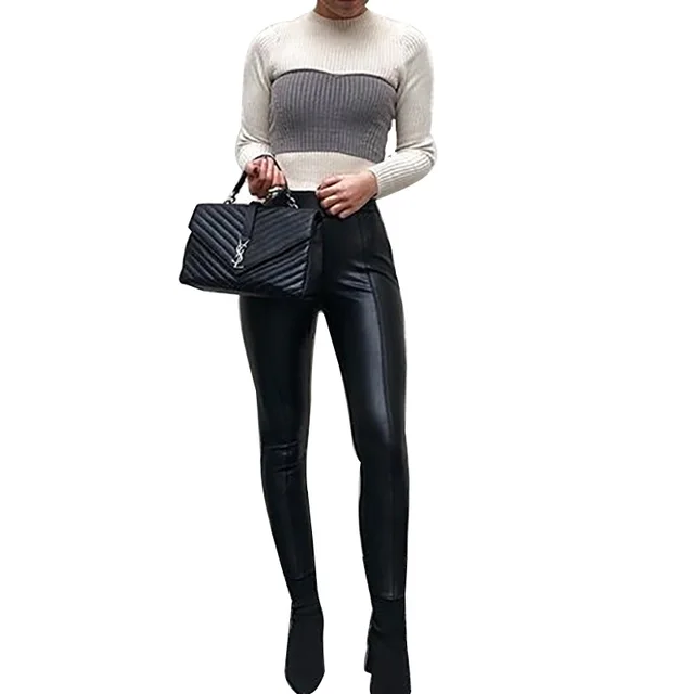 Spring And Autumn Foreign Trade European And American Casual Solid Color Pu Leather Slim Trousers Women Black - Shop at LoveMi